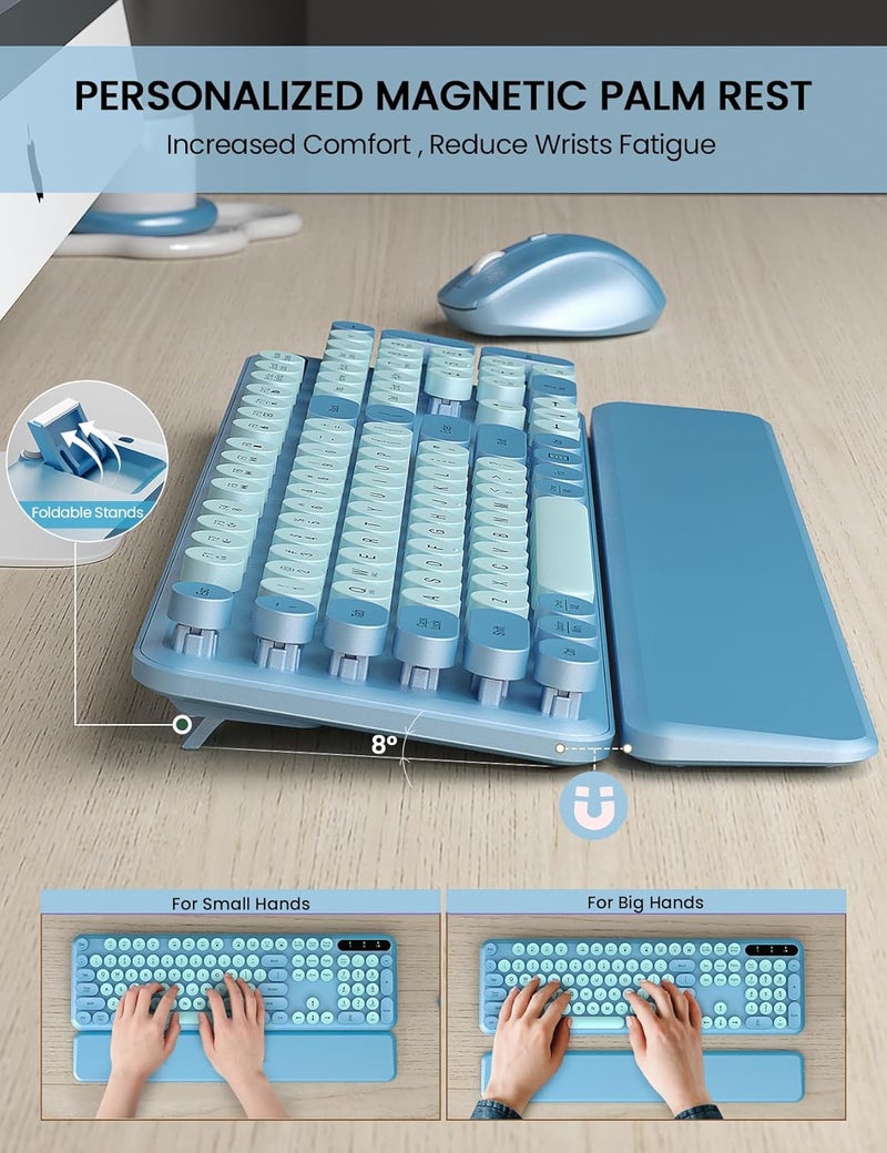 Trueque Wireless Keyboard and Mouse Combo - Cute Typewriter Keyboard with Detachable Wrist Rest, Retro Round Keycaps, Foldable Legs, 2.4GHz Full-Size for PC, Laptop, Windows - (Glacier Blue) - Image 3